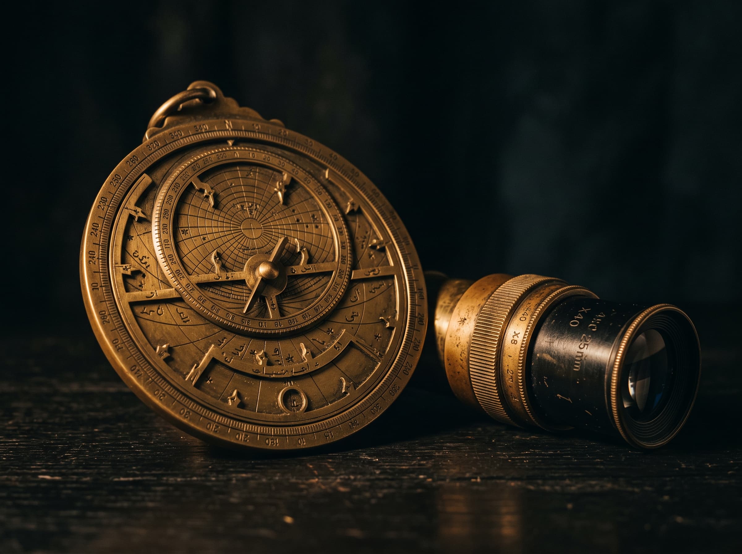 Brass astronomical instruments in low light